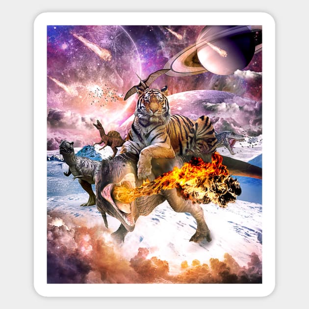 Big Cat Tiger Riding Dinosaur In Space Sticker by Random Galaxy